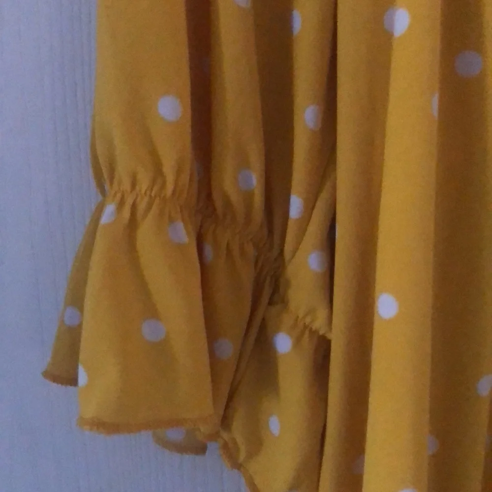 Woman’s Polkadot feminine spring yellow dainty office siren ruffled blouse top - Picture 6 of 12